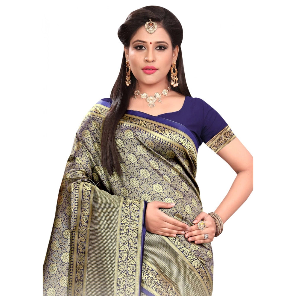 Seduva Women's Banarasi silk Saree with Blouse (Navy blue, 5-6mtr)