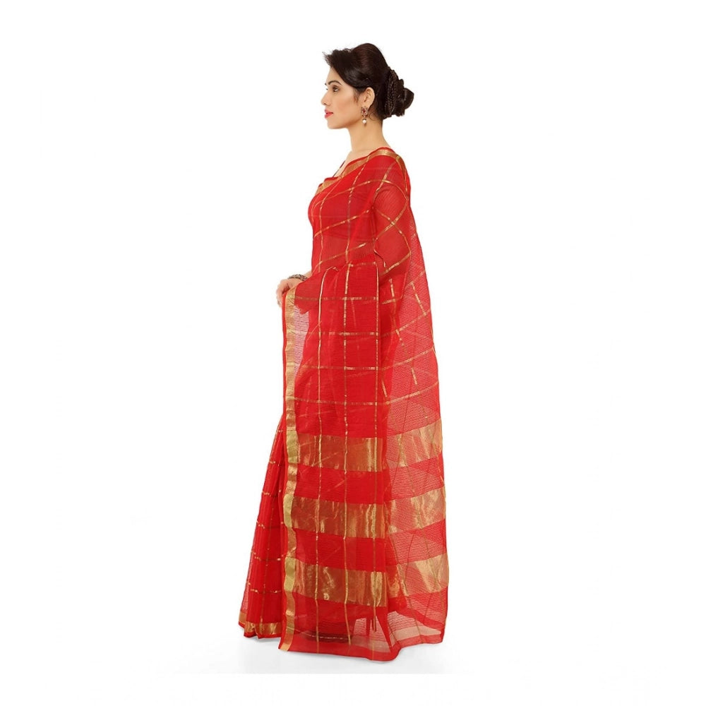 Seduva Women's Kota Doria Cotton Saree With Blouse (Red,6-3 Mtrs)
