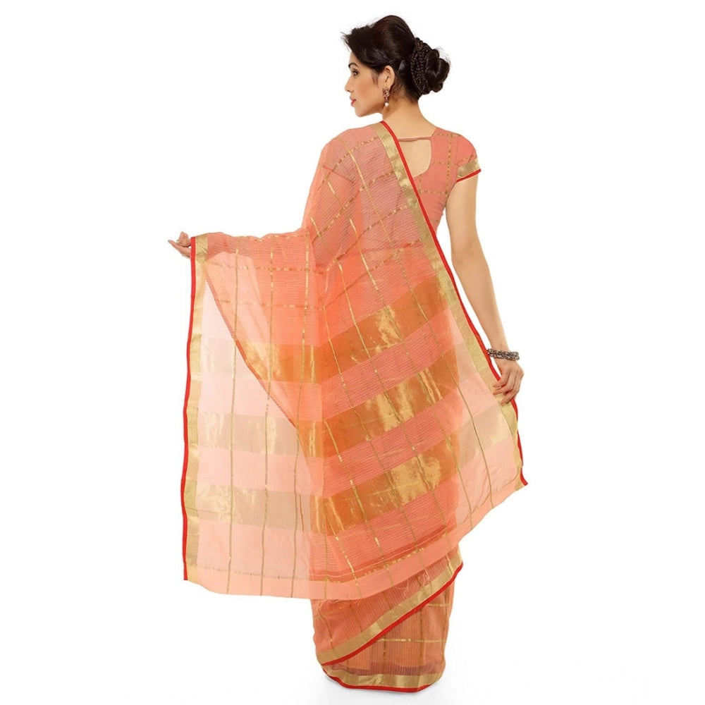 Seduva Women's Kota Doria Cotton Saree With Blouse (Peach,6-3 Mtrs)