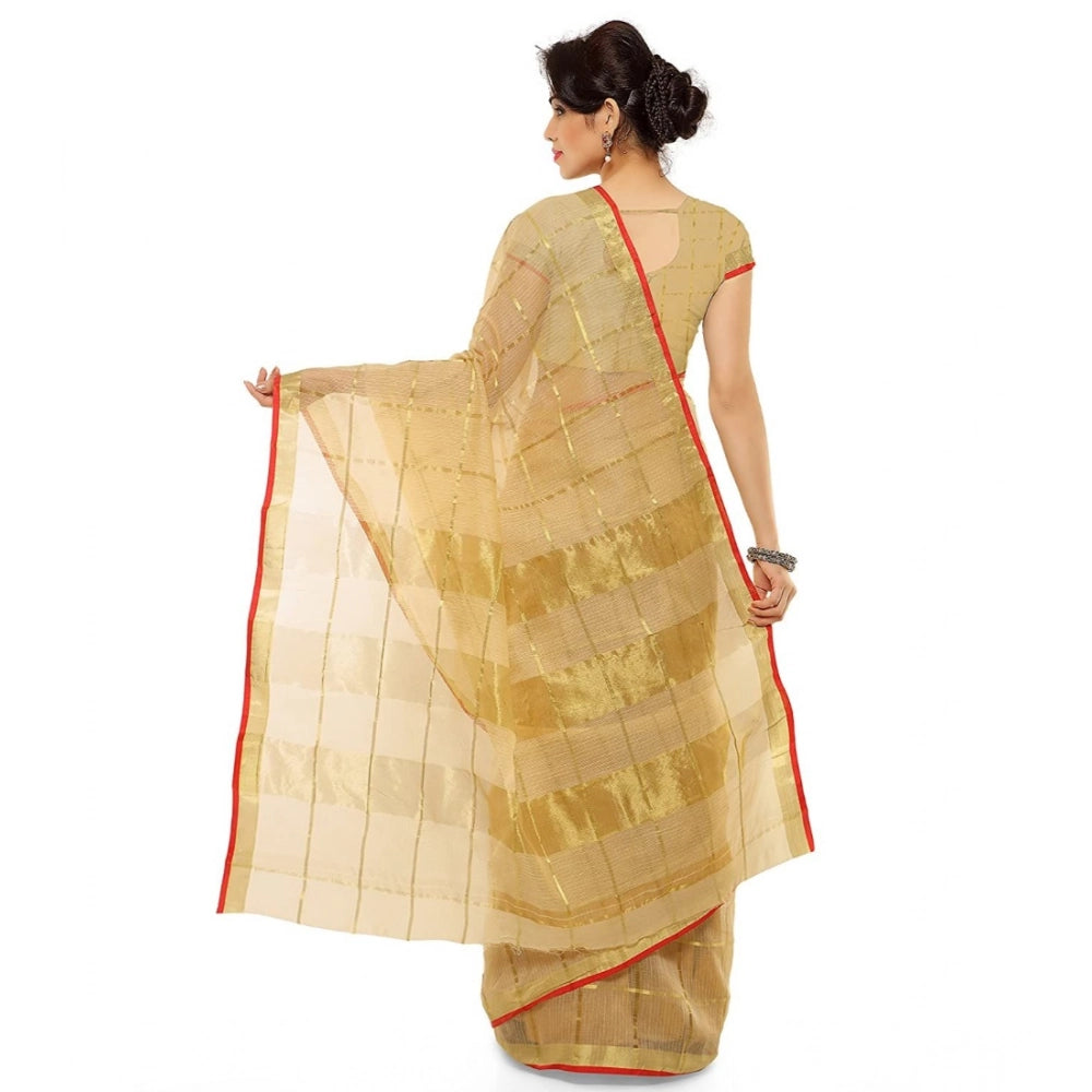 Seduva Women's Kota Doria Cotton Saree With Blouse (Chikoo,6-3 Mtrs)