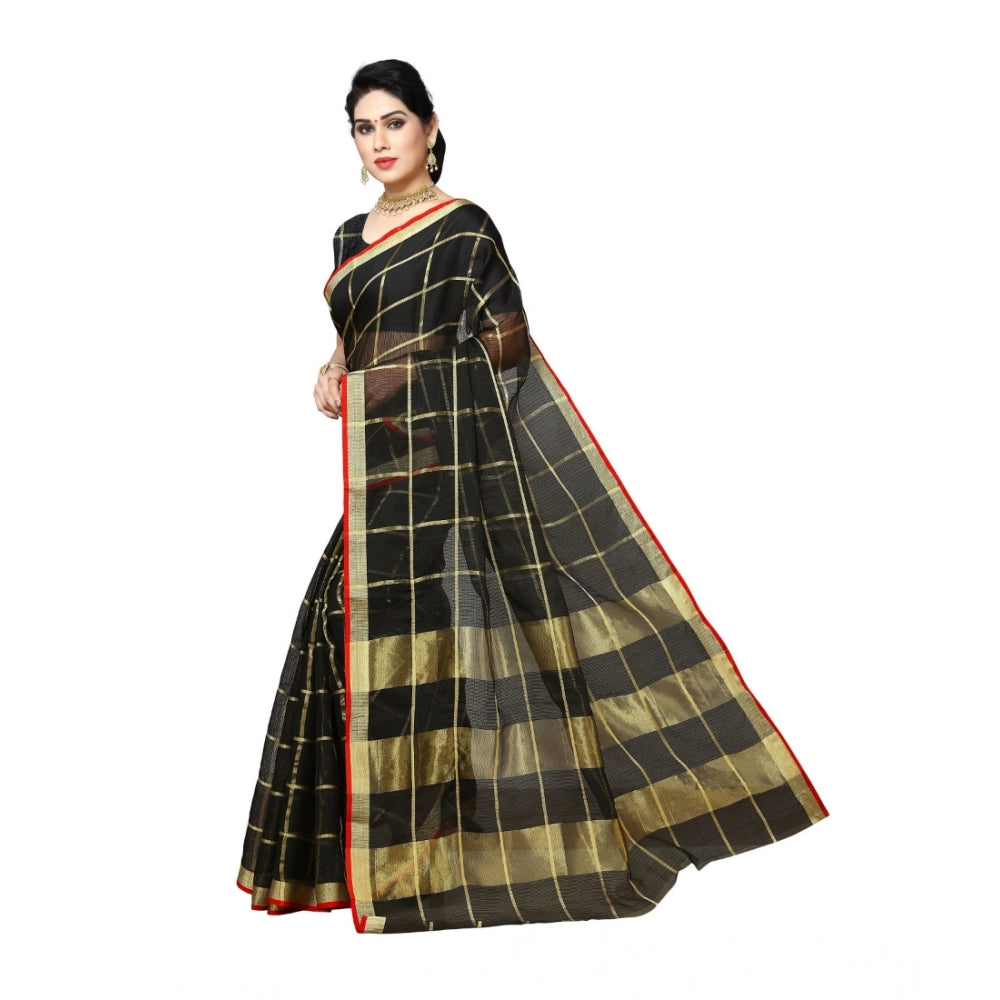 Seduva Women's Kota Doria Cotton Saree With Blouse (Black,6-3 Mtrs)