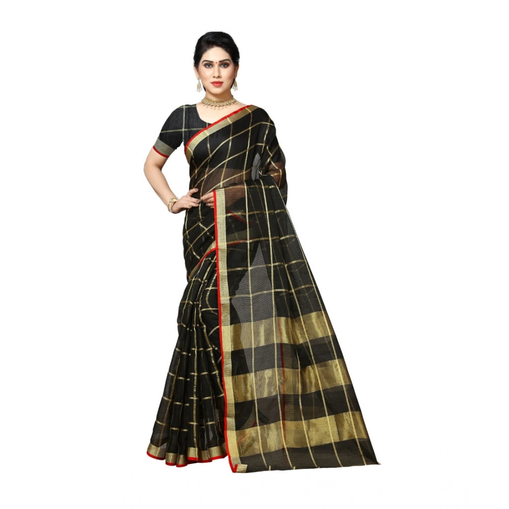 Seduva Women's Kota Doria Cotton Saree With Blouse (Black,6-3 Mtrs)