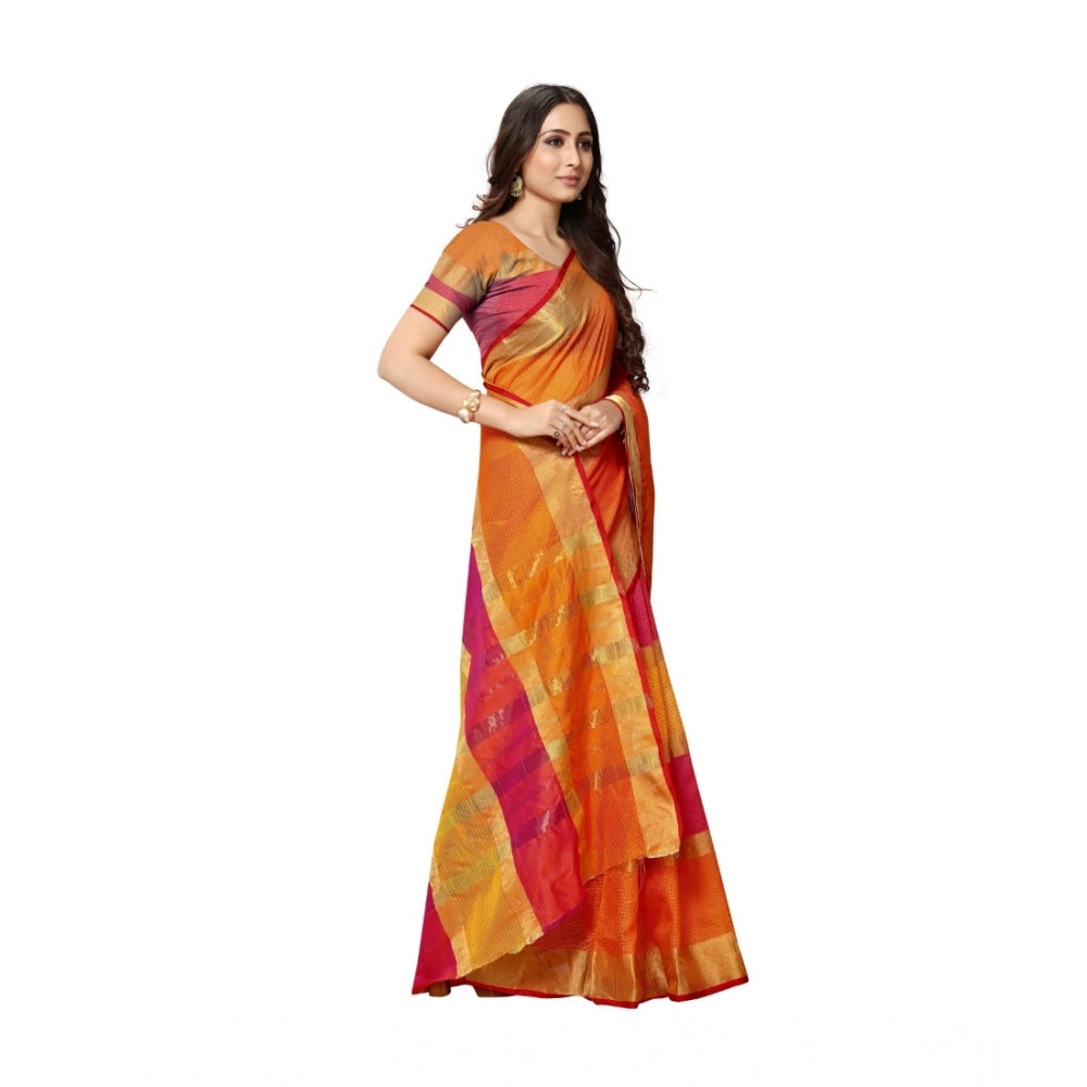 Seduva Women's Kota Doria Cotton Saree With Blouse (Orange,6-3 Mtrs)