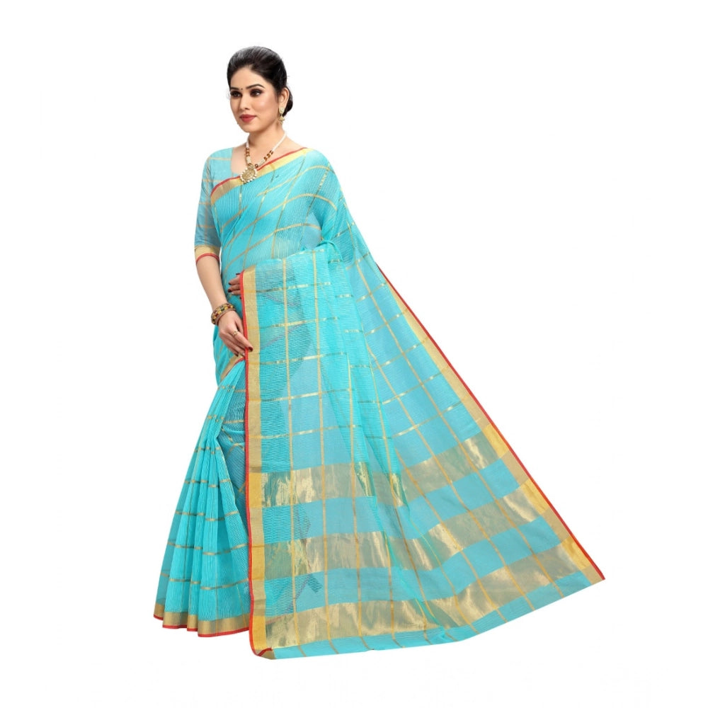 Seduva Women's Kota Doria Cotton Saree With Blouse (Sky Blue,6-3 Mtrs)