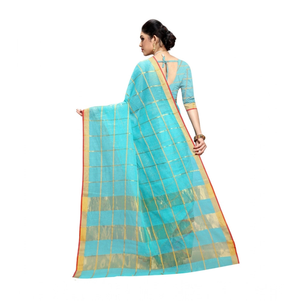 Seduva Women's Kota Doria Cotton Saree With Blouse (Sky Blue,6-3 Mtrs)