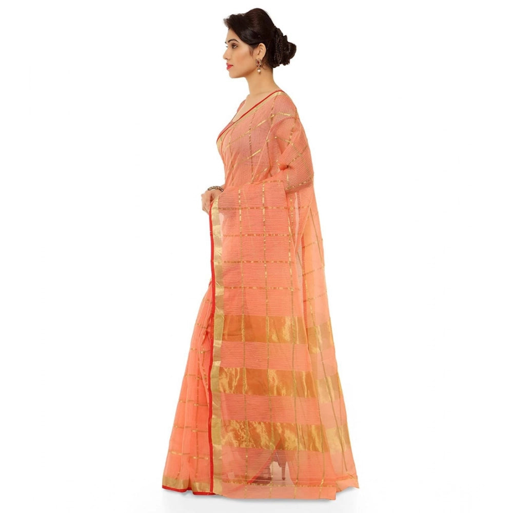 Seduva Women's Kota Doria Cotton Saree With Blouse (Peach,6-3 Mtrs)