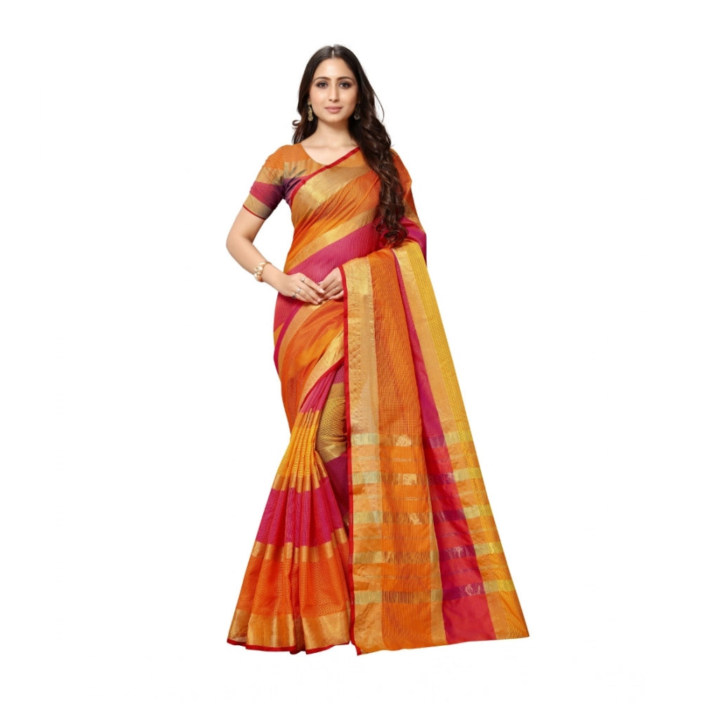 Seduva Women's Kota Doria Cotton Saree With Blouse (Orange,6-3 Mtrs)