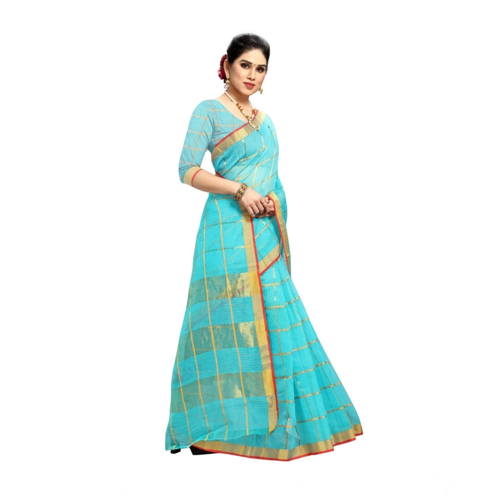 Seduva Women's Kota Doria Cotton Saree With Blouse (Sky Blue,6-3 Mtrs)