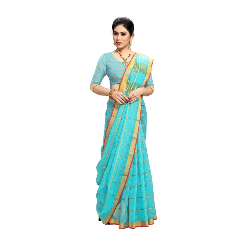 Seduva Women's Kota Doria Cotton Saree With Blouse (Sky Blue,6-3 Mtrs)