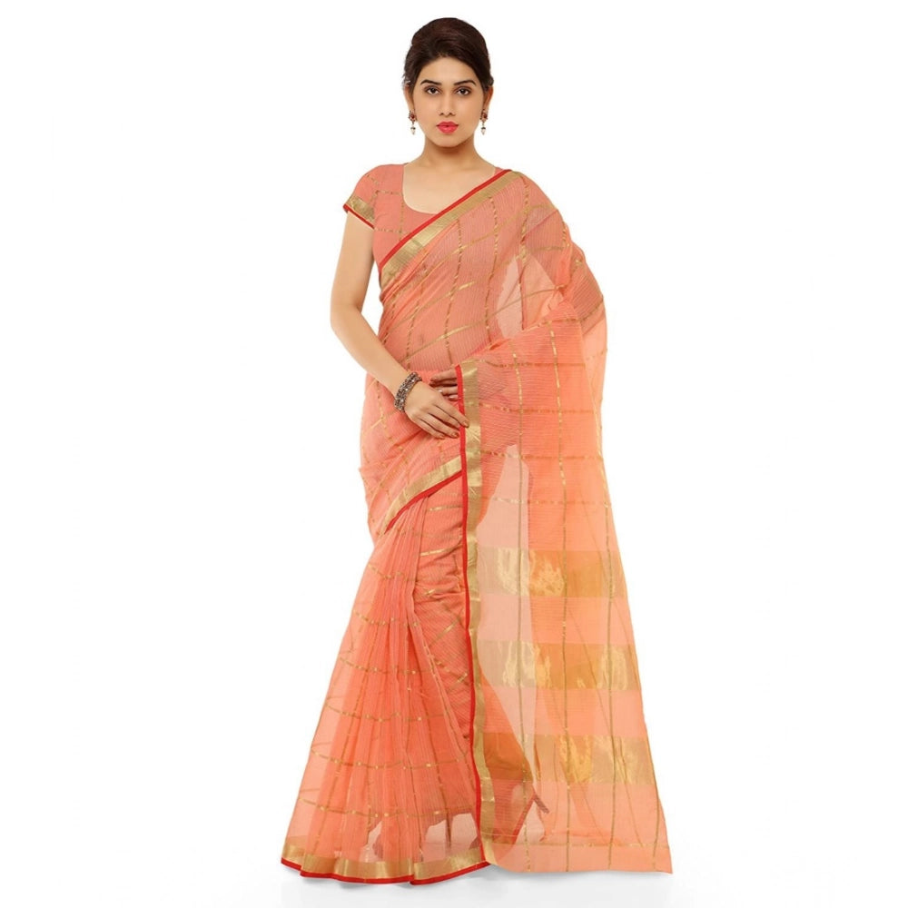 Seduva Women's Kota Doria Cotton Saree With Blouse (Peach,6-3 Mtrs)
