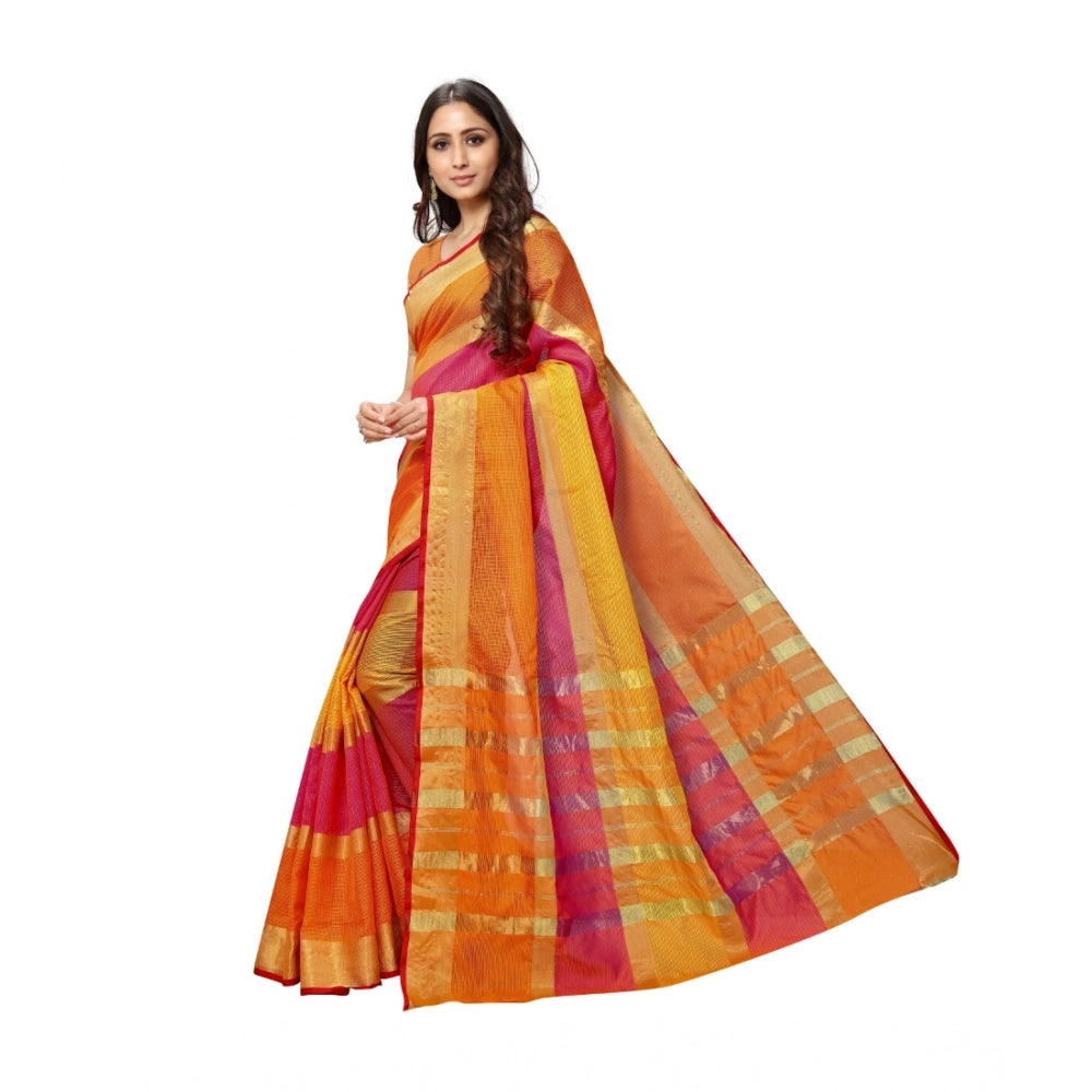 Seduva Women's Kota Doria Cotton Saree With Blouse (Orange,6-3 Mtrs)