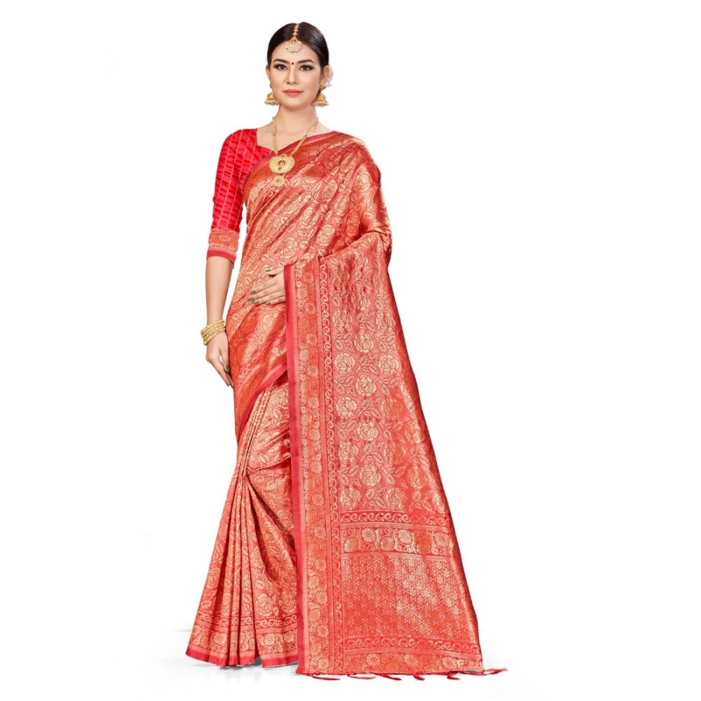 Seduva Women's Banarasi Silk Saree (Peach,5-6 Mtrs)