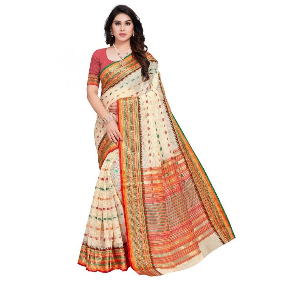 Seduva Women's Kota Doria Cotton Woven Butta Saree With Blouse (Cream, 5-6 Mtrs)