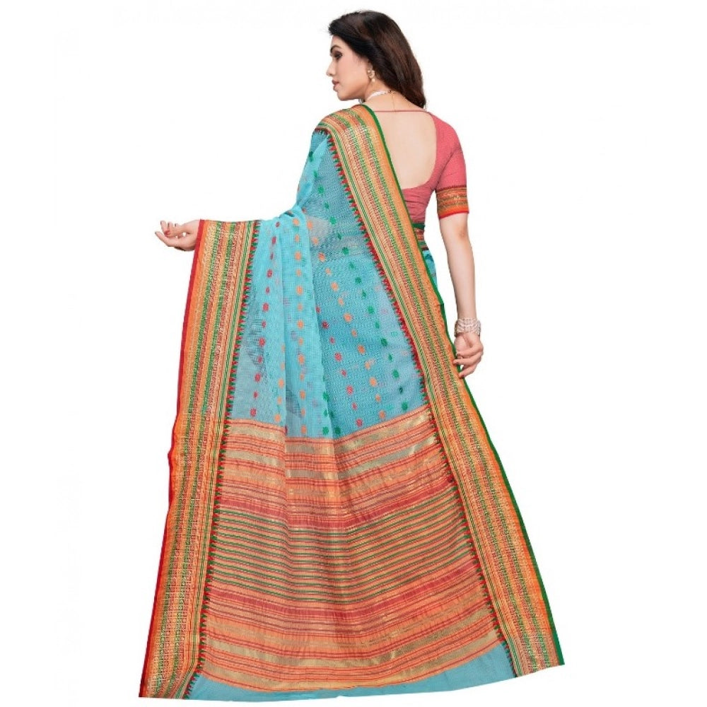 Seduva Women's Kota Doria Cotton Woven Butta Saree With Blouse (Sky Blue, 5-6 Mtrs)