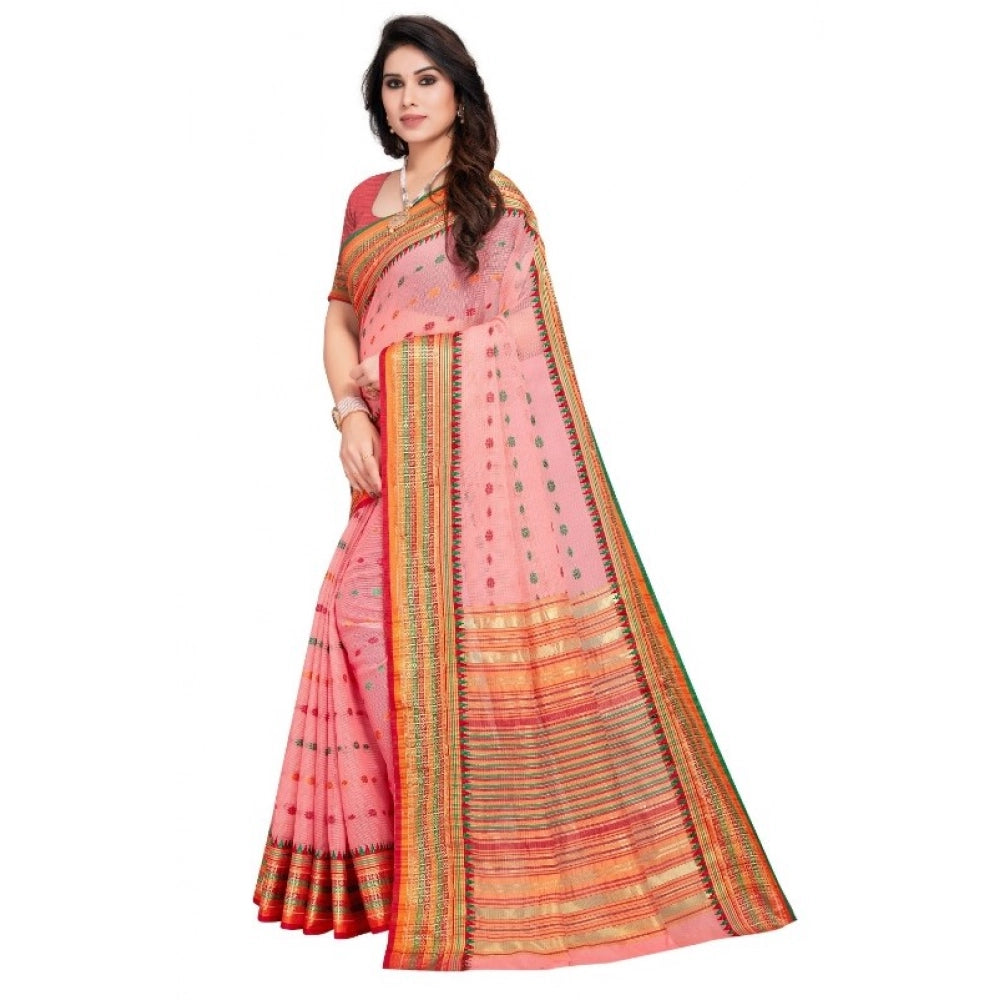 Seduva Women's Kota Doria Cotton Woven Butta Saree With Blouse (Pink, 5-6 Mtrs)