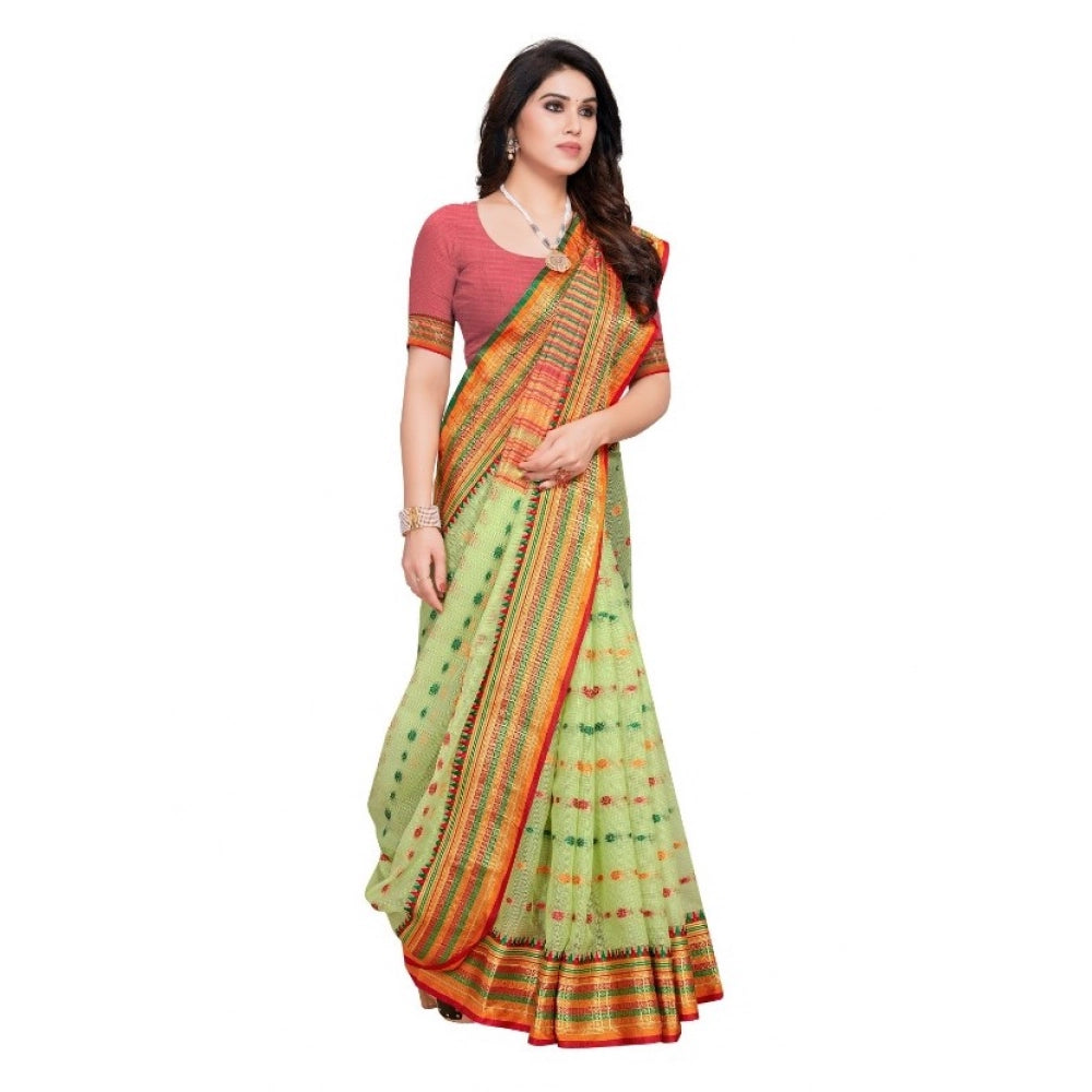 Seduva Women's Kota Doria Cotton Woven Butta Saree With Blouse (Light Green, 5-6 Mtrs)