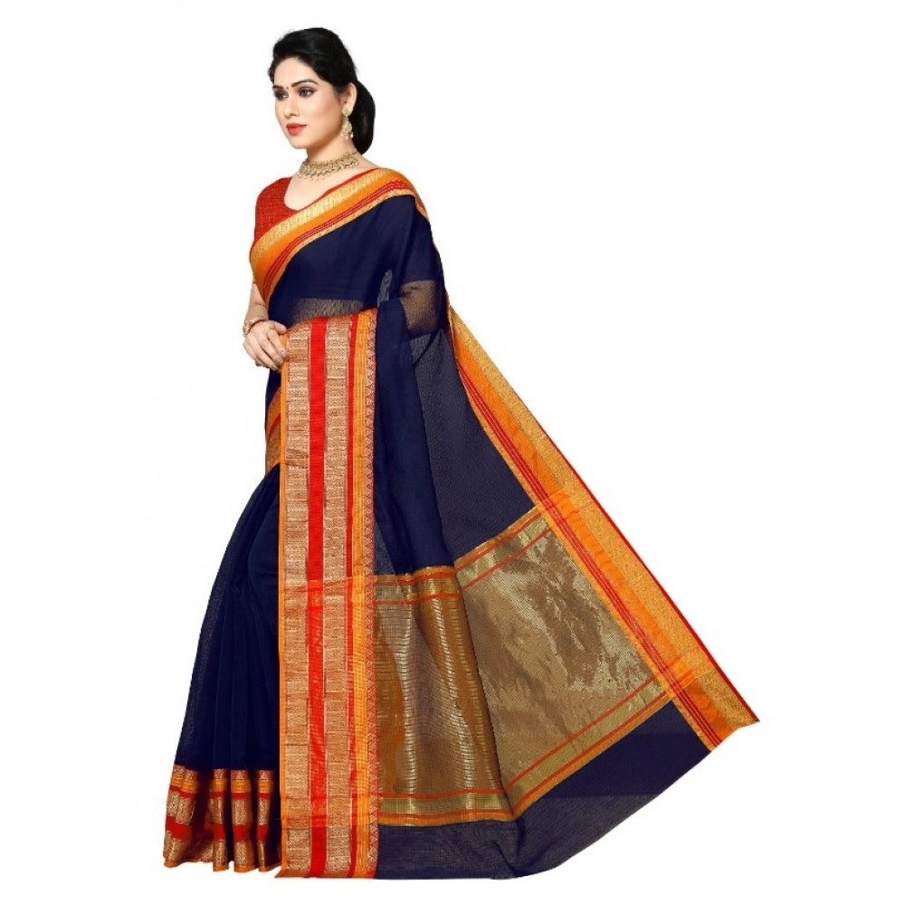 Seduva Women's Kota Doria Cotton Border Saree With Blouse (Navy Blue, 5-6 Mtrs)