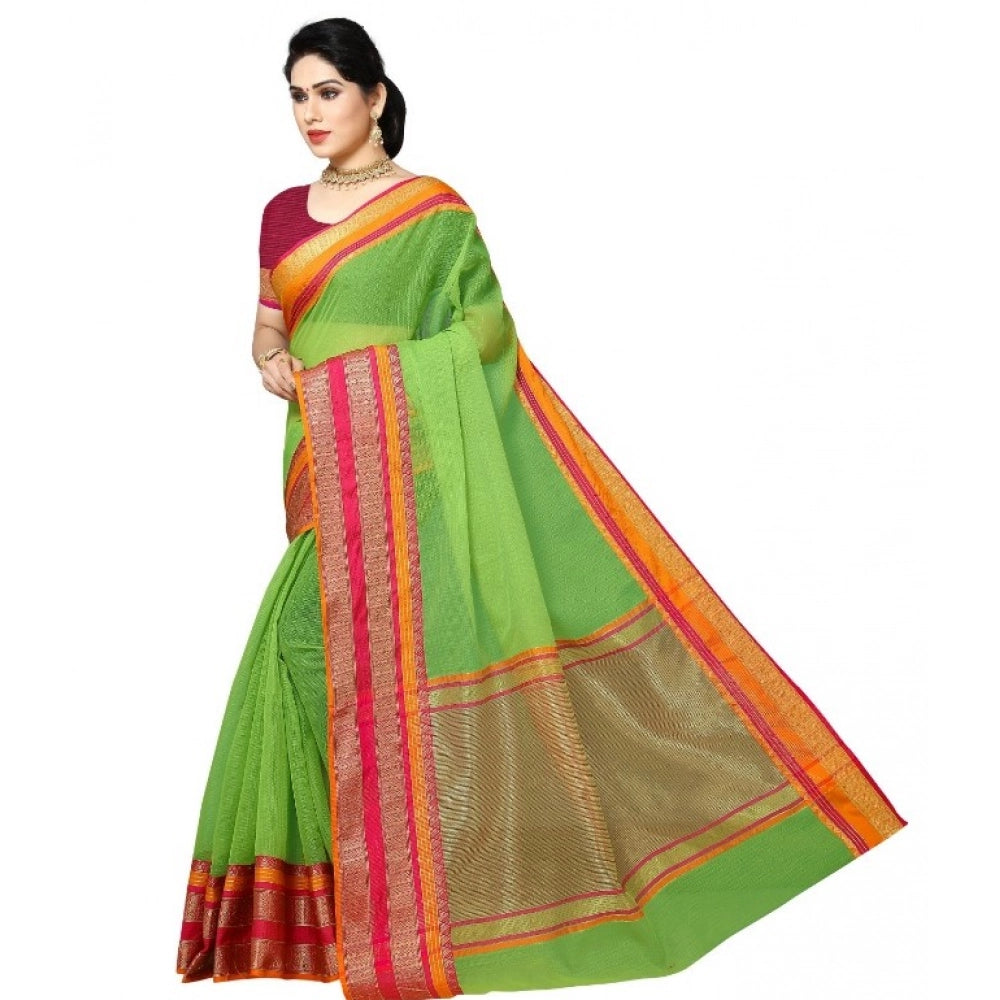 Seduva Women's Kota Doria Cotton Border Saree With Blouse (Light Green, 5-6 Mtrs)
