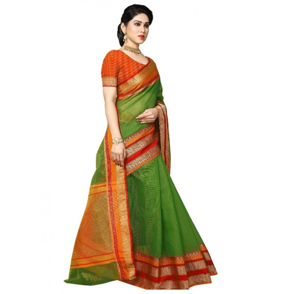 Seduva Women's Kota Doria Cotton Border Saree With Blouse (Green, 5-6 Mtrs)