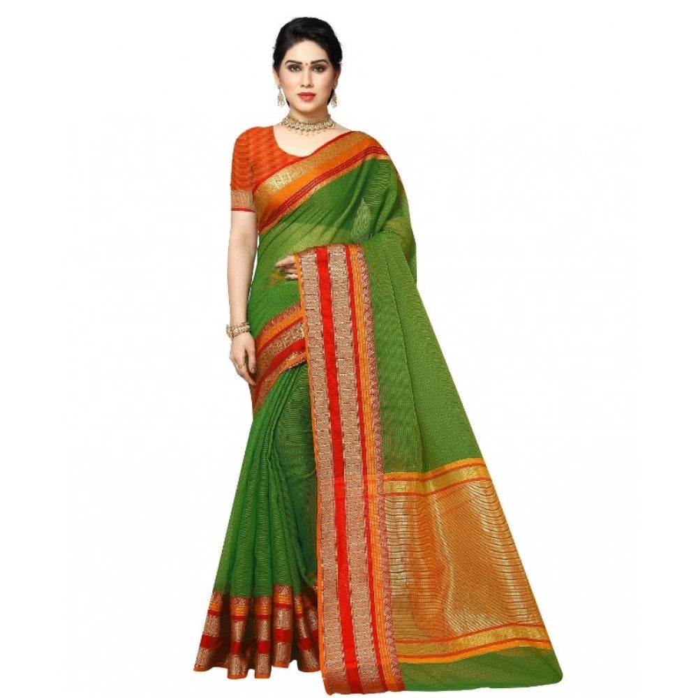 Seduva Women's Kota Doria Cotton Border Saree With Blouse (Green, 5-6 Mtrs)