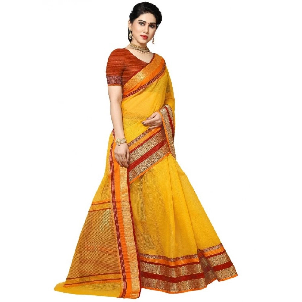 Seduva Women's Kota Doria Cotton Border Saree With Blouse (Yellow, 5-6 Mtrs)