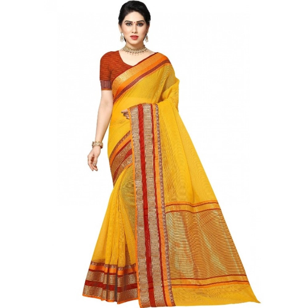 Seduva Women's Kota Doria Cotton Border Saree With Blouse (Yellow, 5-6 Mtrs)
