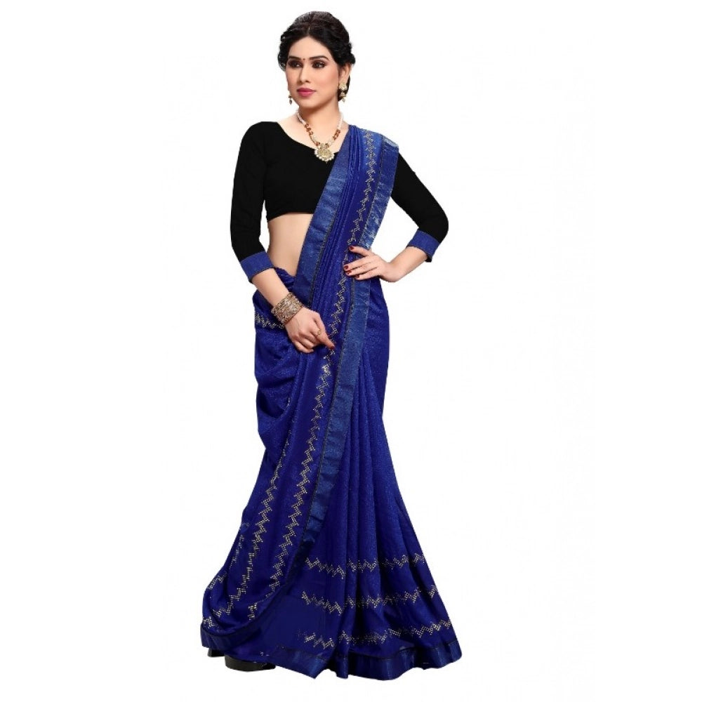 Seduva Women's Vichitra Silk HotFix Stone Work Saree With Blouse (Blue, 5-6 Mtrs)