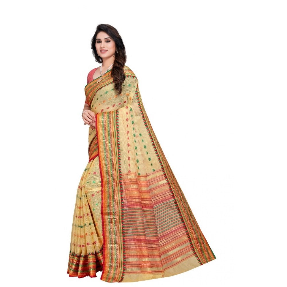 Seduva Women's Kota Doria Cotton Woven Butta Saree With Blouse (Beige, 5-6 Mtrs)