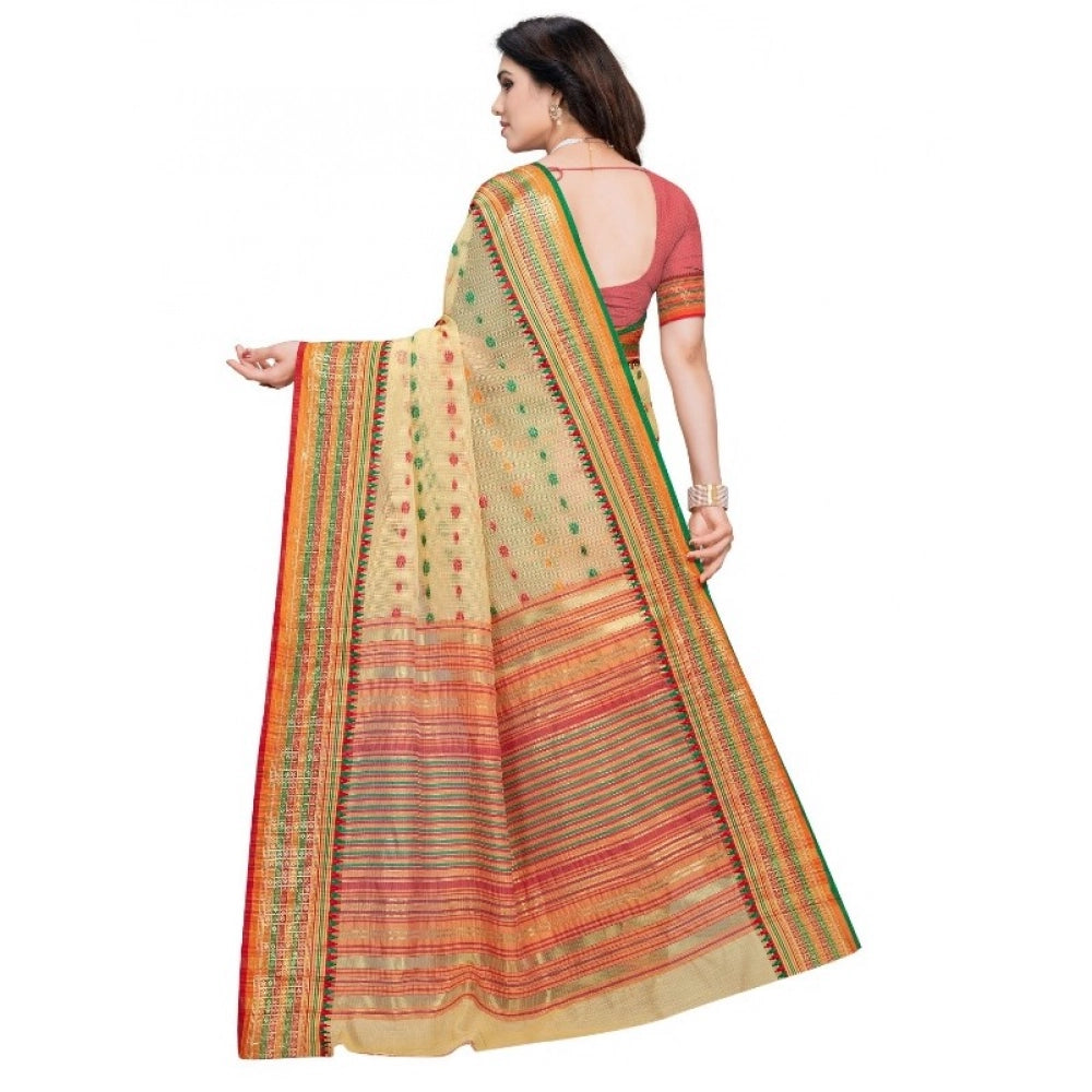 Seduva Women's Kota Doria Cotton Woven Butta Saree With Blouse (Beige, 5-6 Mtrs)