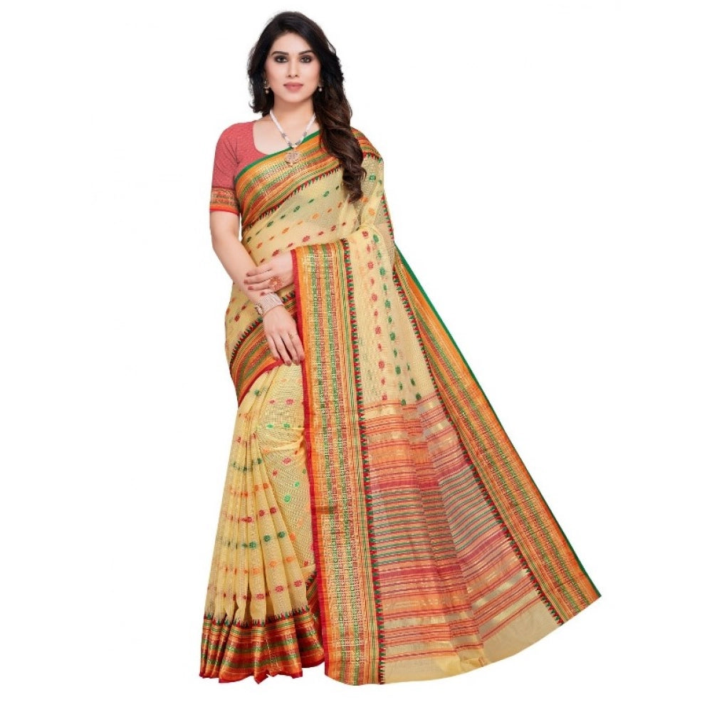 Seduva Women's Kota Doria Cotton Woven Butta Saree With Blouse (Beige, 5-6 Mtrs)