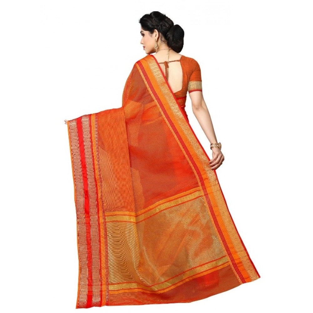 Seduva Women's Kota Doria Cotton Border Saree With Blouse (Orange, 5-6 Mtrs)