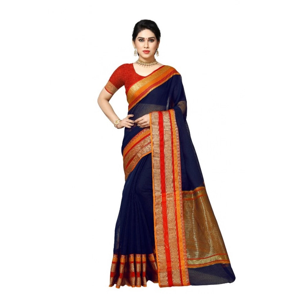 Seduva Women's Kota Doria Cotton Border Saree With Blouse (Navy Blue, 5-6 Mtrs)