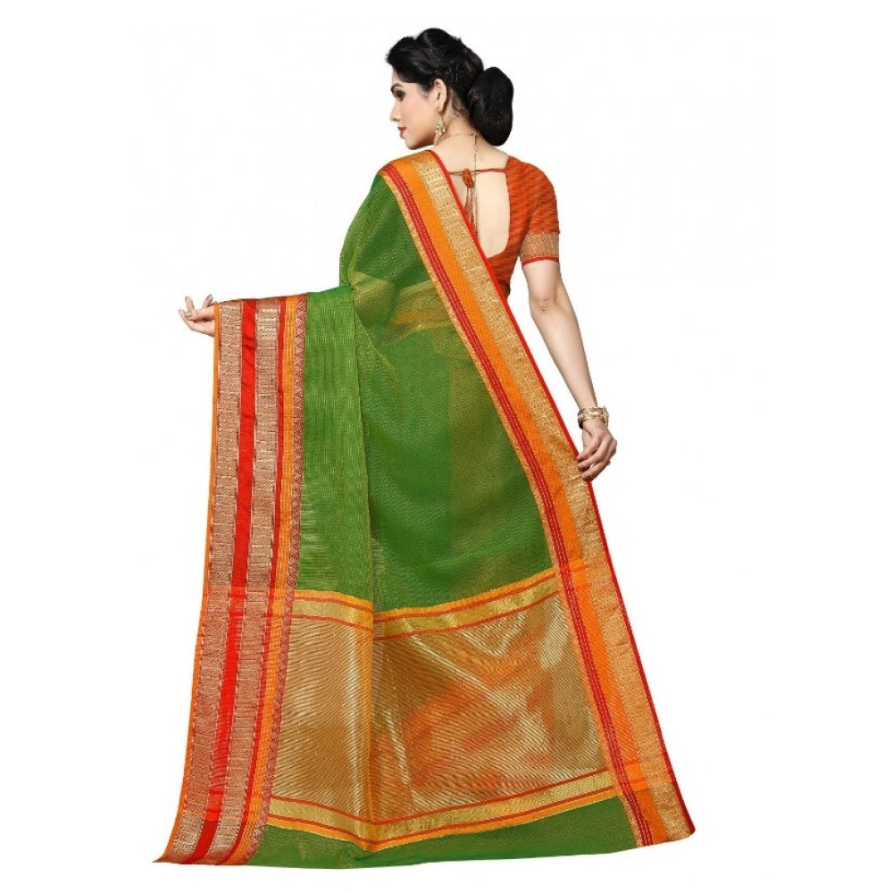 Seduva Women's Kota Doria Cotton Border Saree With Blouse (Green, 5-6 Mtrs)