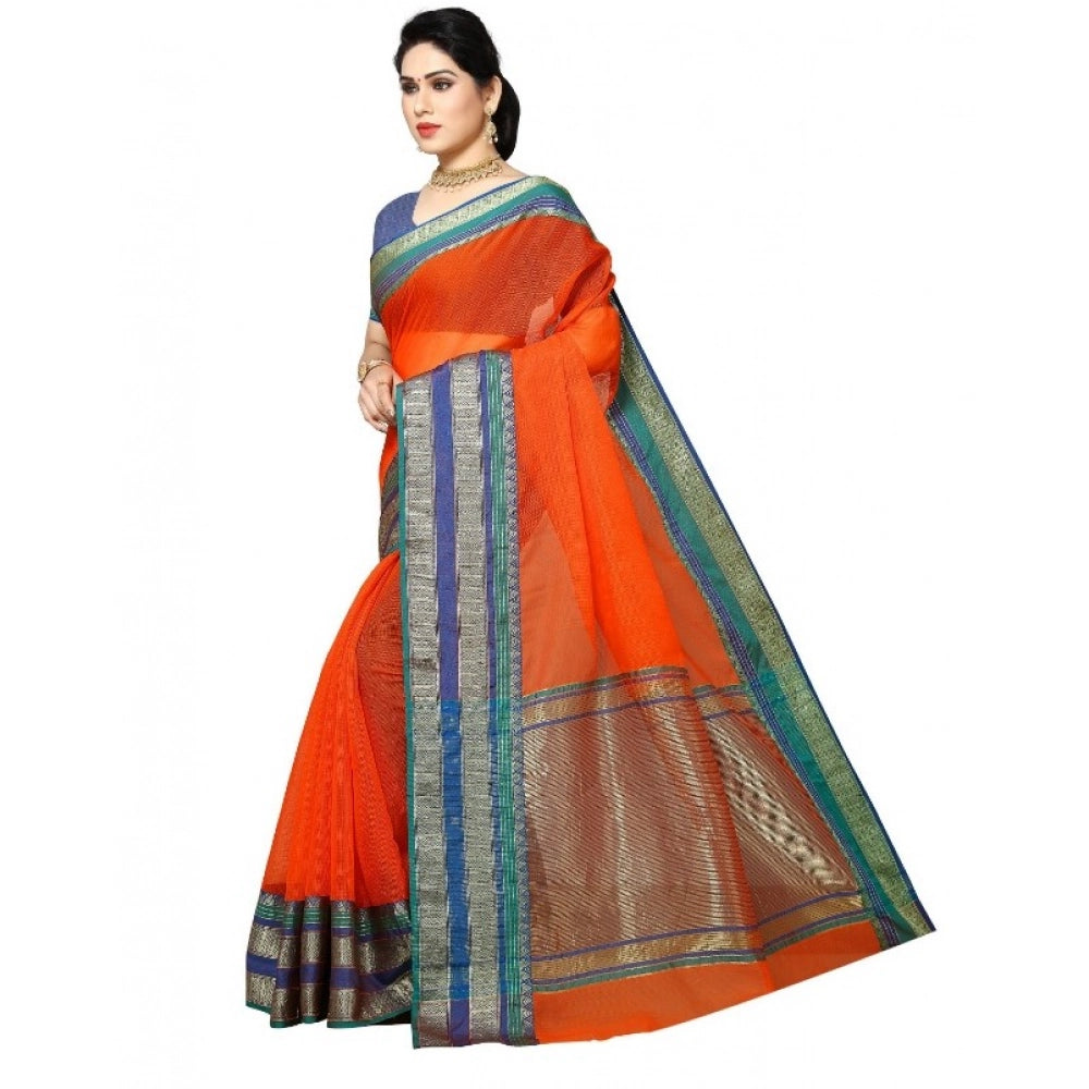Seduva Women's Kota Doria Cotton Border Saree With Blouse (Fanta, 5-6 Mtrs)
