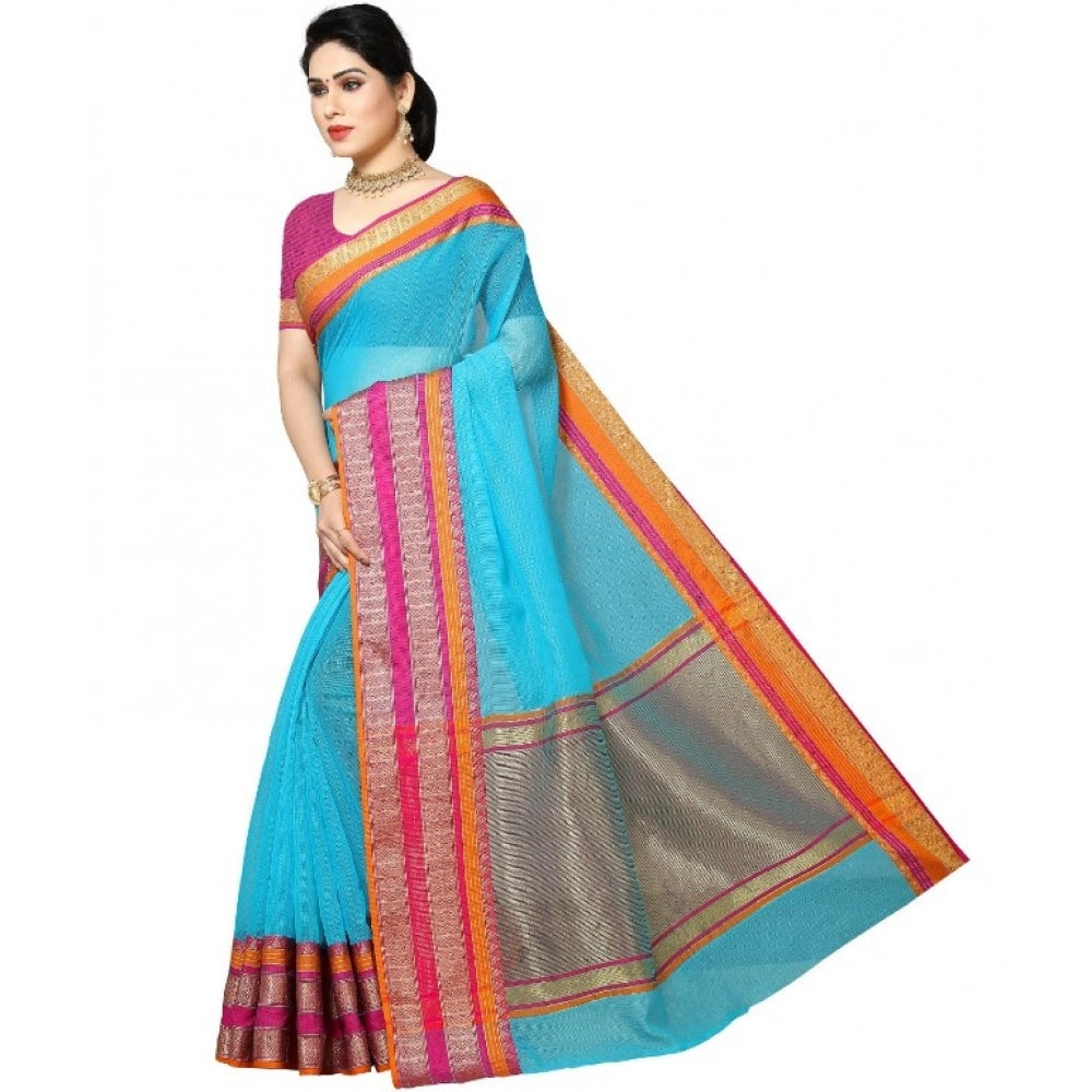 Seduva Women's Kota Doria Cotton Border Saree With Blouse (Sky Blue, 5-6 Mtrs)
