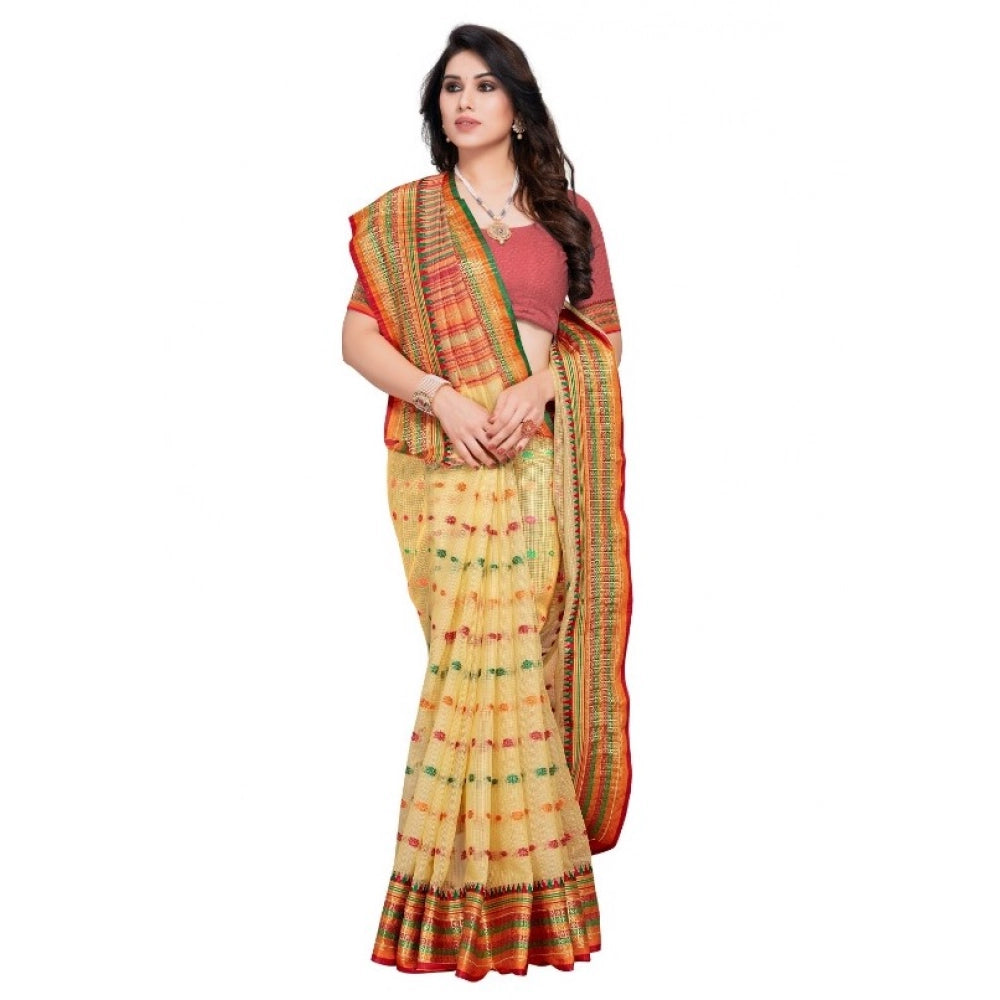 Seduva Women's Kota Doria Cotton Woven Butta Saree With Blouse (Beige, 5-6 Mtrs)