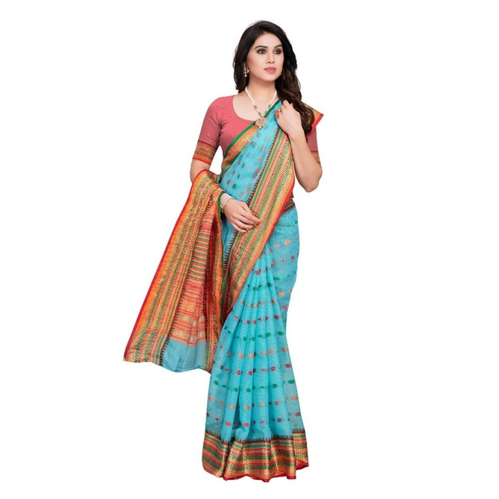 Seduva Women's Kota Doria Cotton Woven Butta Saree With Blouse (Sky Blue, 5-6 Mtrs)