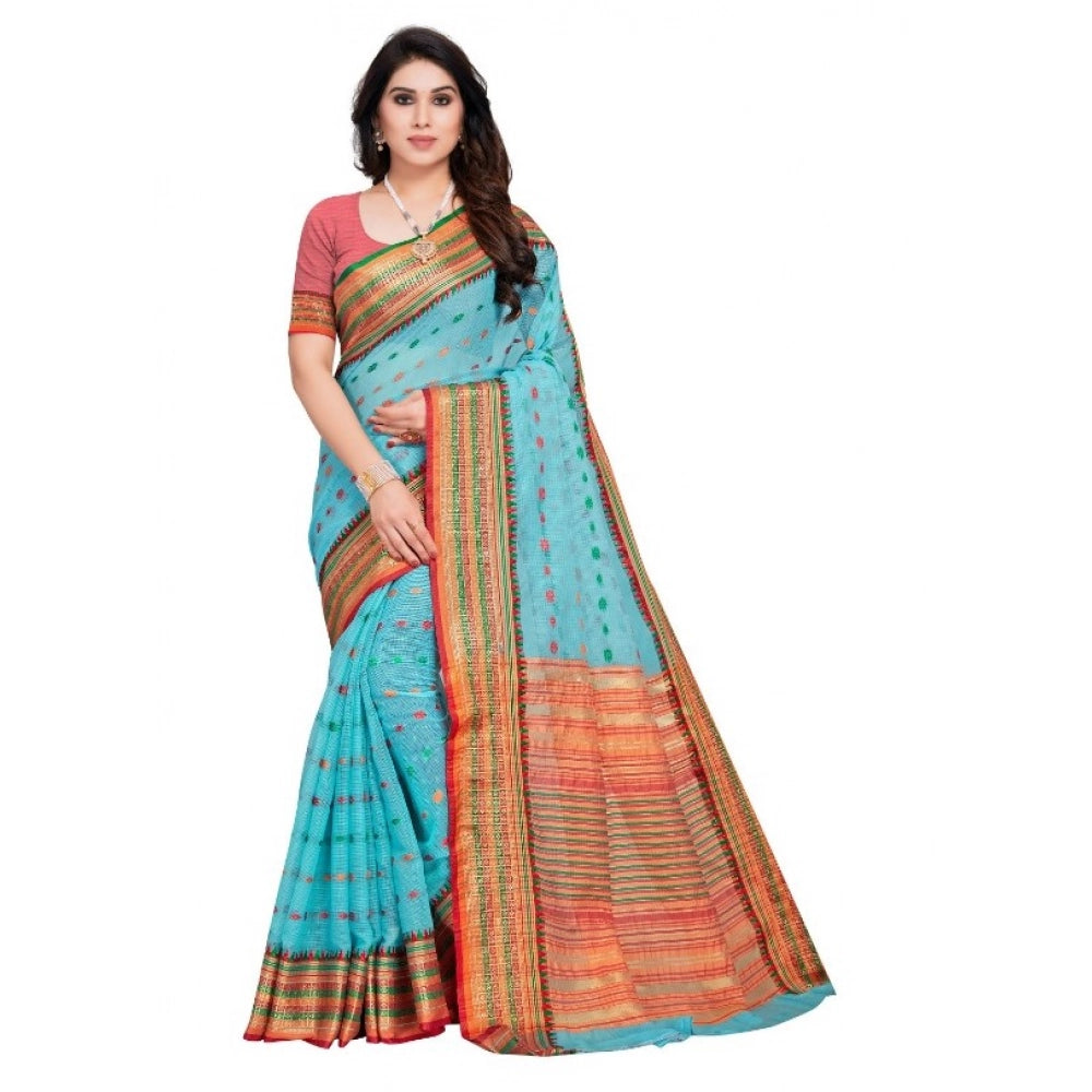 Seduva Women's Kota Doria Cotton Woven Butta Saree With Blouse (Sky Blue, 5-6 Mtrs)