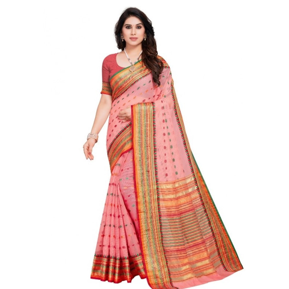Seduva Women's Kota Doria Cotton Woven Butta Saree With Blouse (Pink, 5-6 Mtrs)