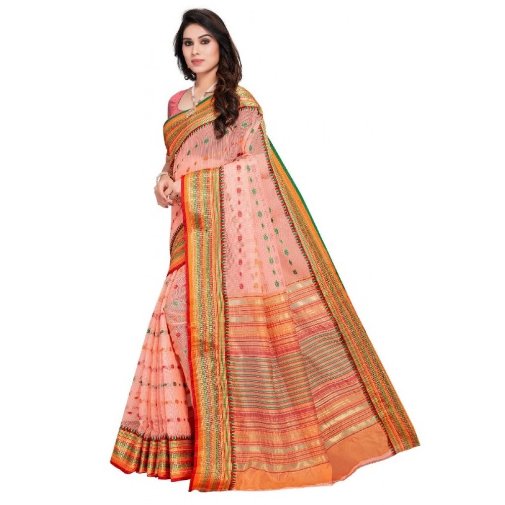 Seduva Women's Kota Doria Cotton Woven Butta Saree With Blouse (Peach, 5-6 Mtrs)