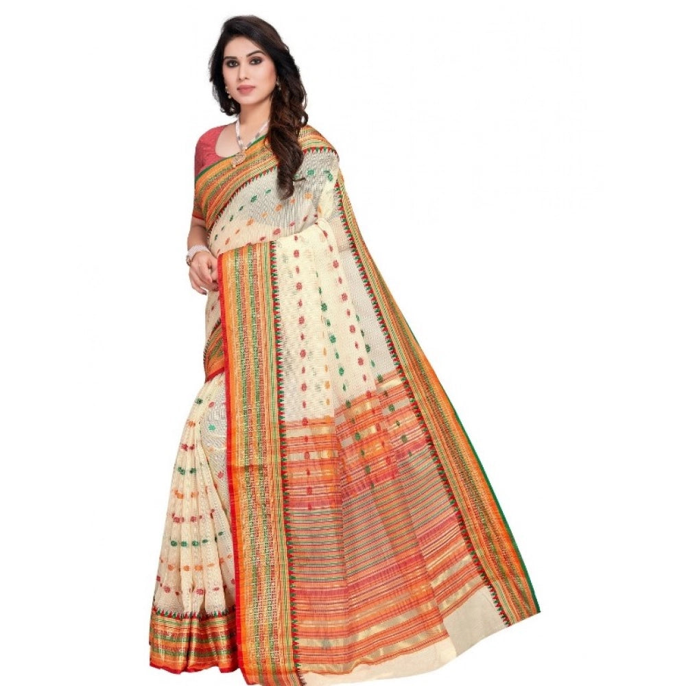 Seduva Women's Kota Doria Cotton Woven Butta Saree With Blouse (Cream, 5-6 Mtrs)