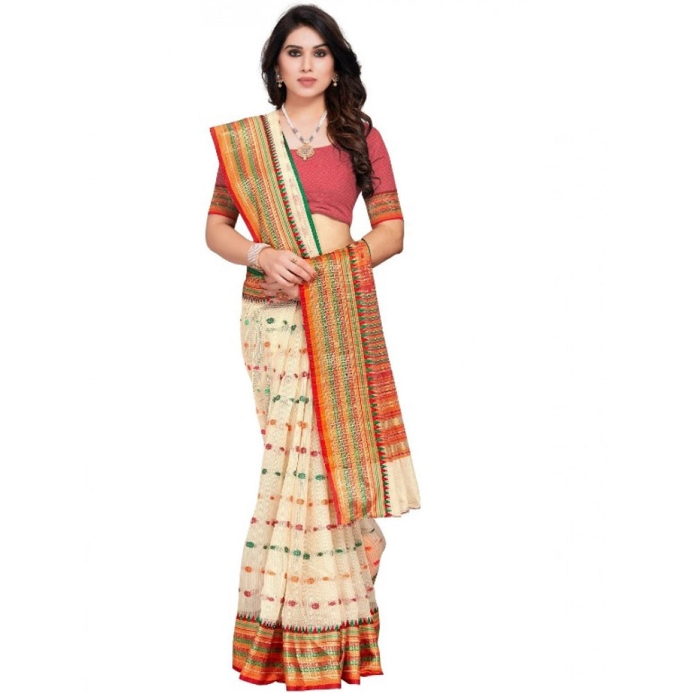 Seduva Women's Kota Doria Cotton Woven Butta Saree With Blouse (Cream, 5-6 Mtrs)