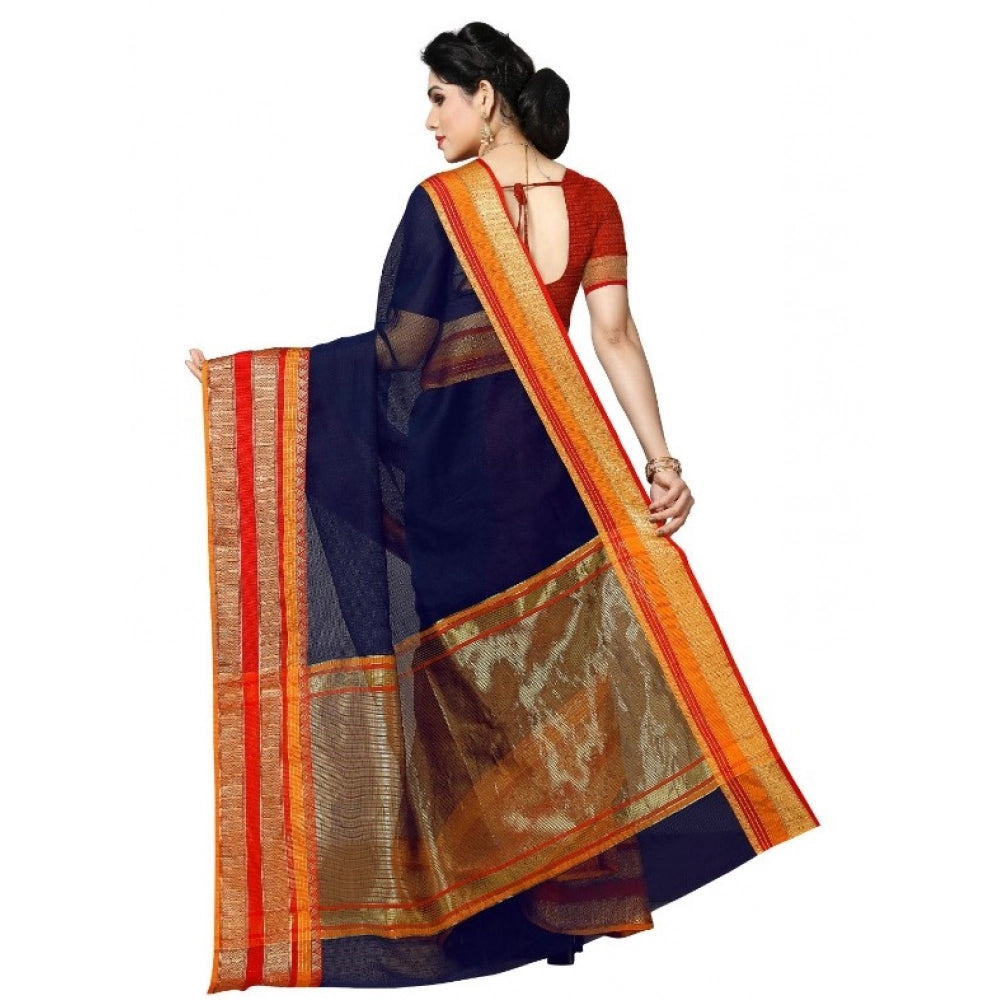 Seduva Women's Kota Doria Cotton Border Saree With Blouse (Navy Blue, 5-6 Mtrs)