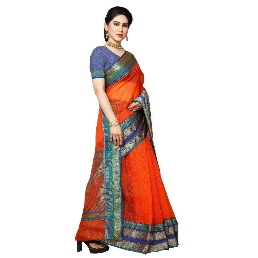 Seduva Women's Kota Doria Cotton Border Saree With Blouse (Fanta, 5-6 Mtrs)
