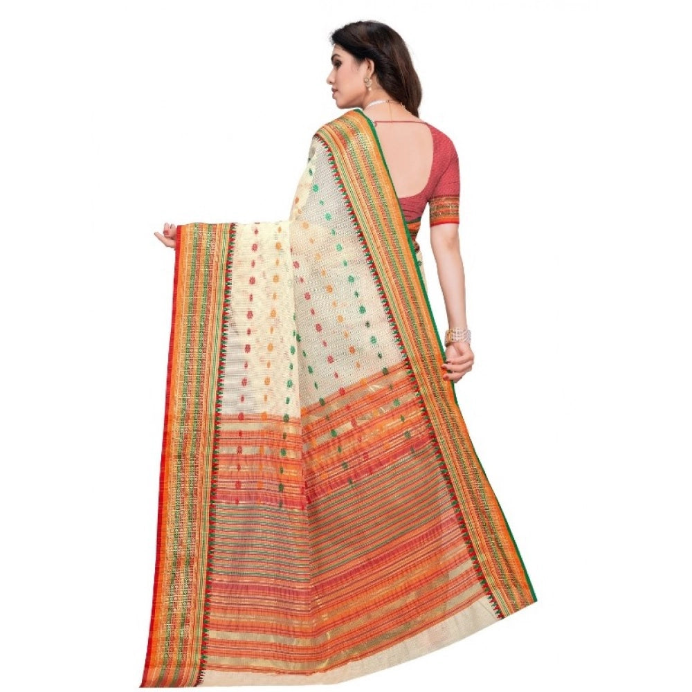 Seduva Women's Kota Doria Cotton Woven Butta Saree With Blouse (Cream, 5-6 Mtrs)