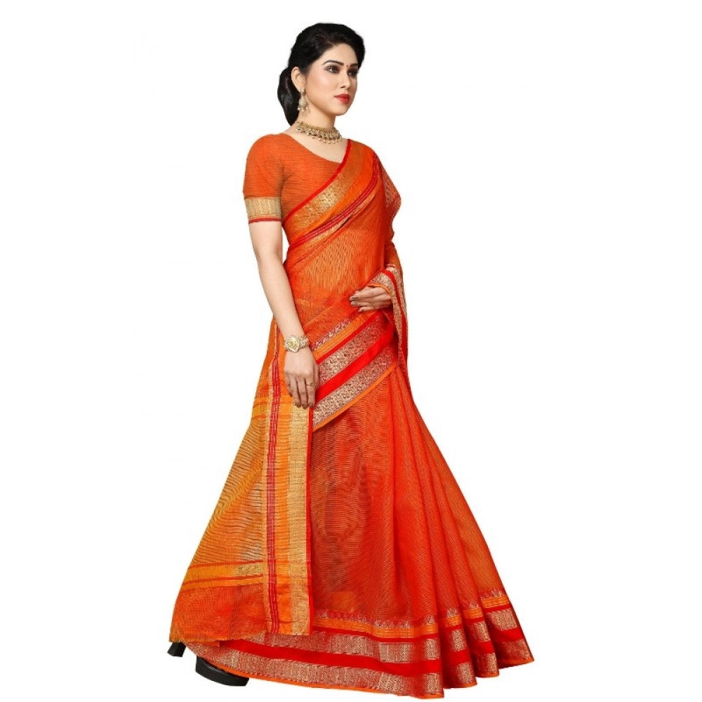 Seduva Women's Kota Doria Cotton Border Saree With Blouse (Orange, 5-6 Mtrs)