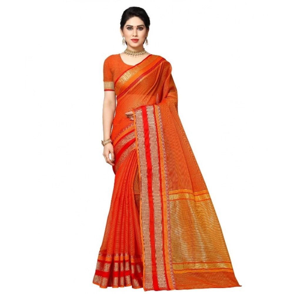 Seduva Women's Kota Doria Cotton Border Saree With Blouse (Orange, 5-6 Mtrs)