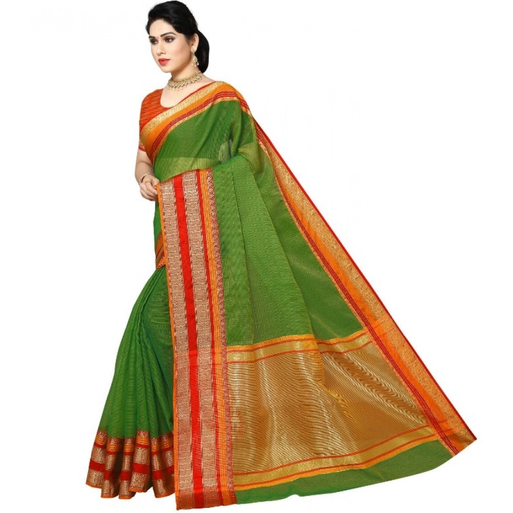 Seduva Women's Kota Doria Cotton Border Saree With Blouse (Green, 5-6 Mtrs)