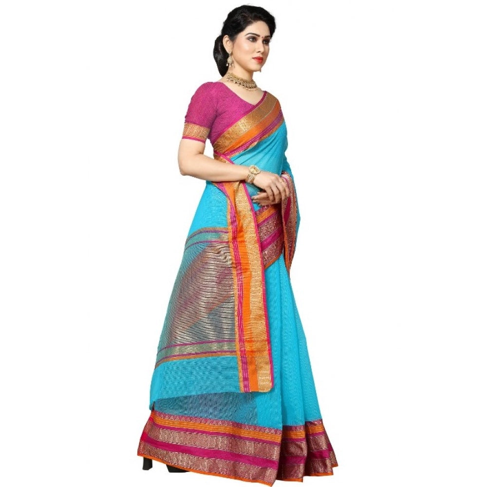 Seduva Women's Kota Doria Cotton Border Saree With Blouse (Sky Blue, 5-6 Mtrs)