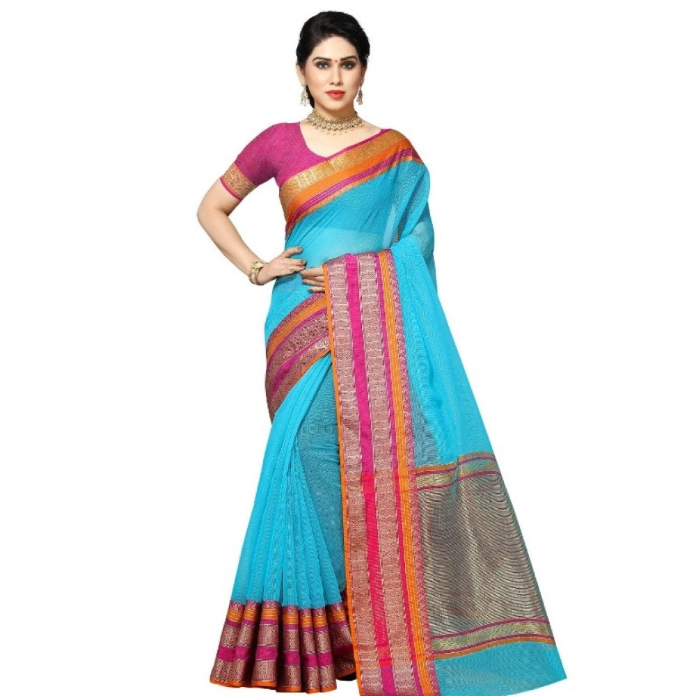 Seduva Women's Kota Doria Cotton Border Saree With Blouse (Sky Blue, 5-6 Mtrs)